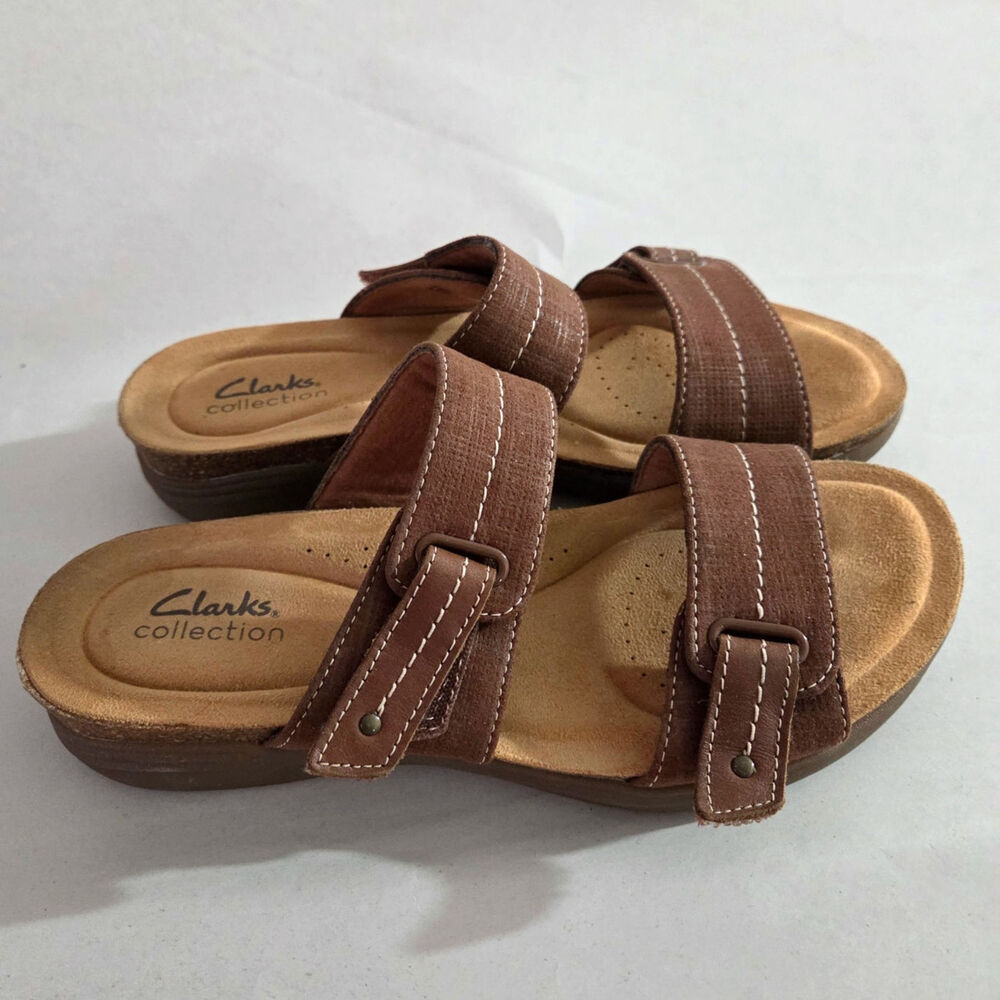 Clarks Collection April Dusk Brown Double Strap Slip On Comfort Sandals Sz 8W